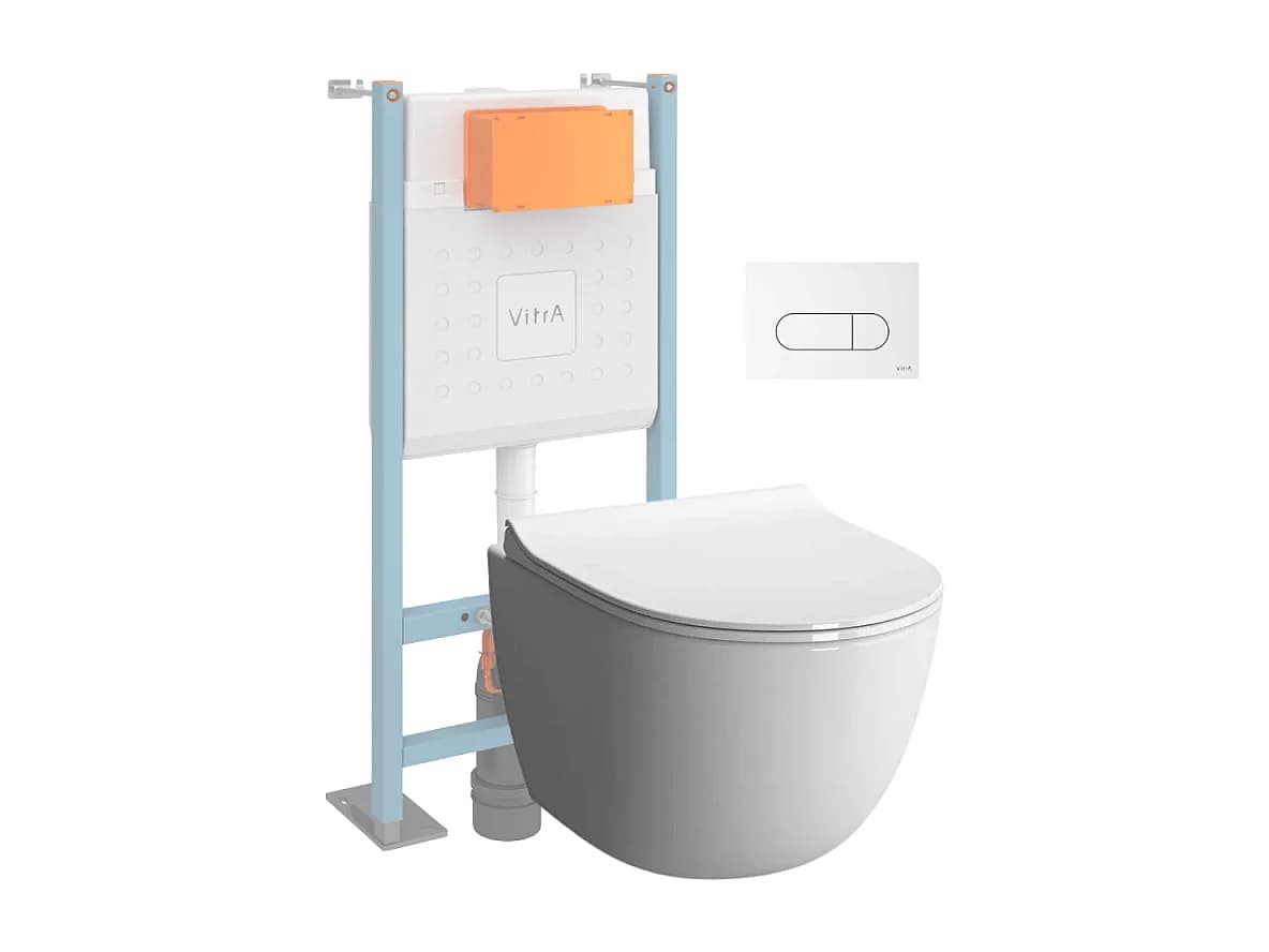 Pack WC suspendu VitrA Sento blanc + bâti autoportant V-Fix Core + Plaque Round Blanche