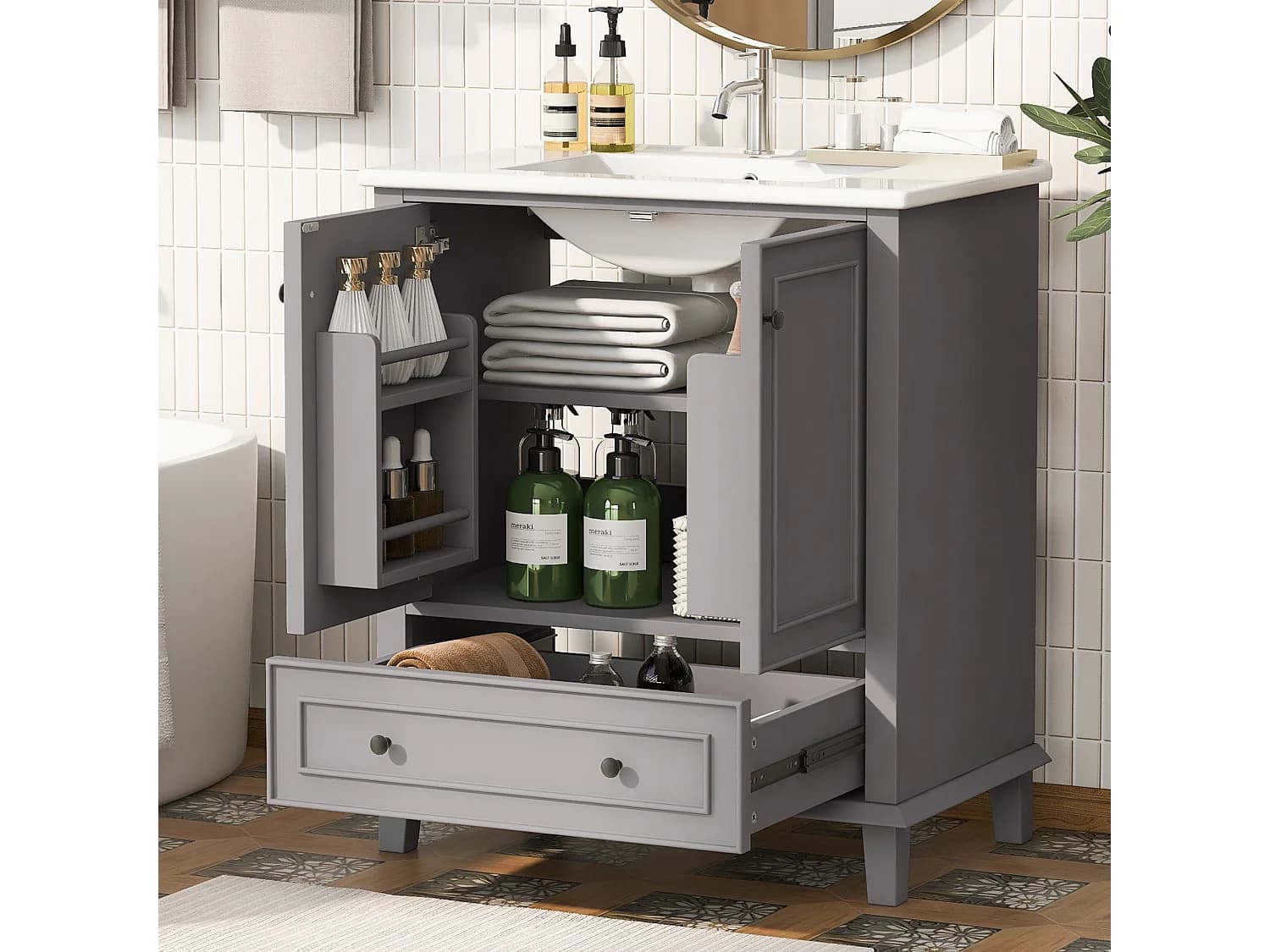 Meuble simple vasque posé au sol - 76 x 46 x 87 cm - avec vasque céramique - avec rangements - Céramique + MDF - gris (Robinet non inclus)
