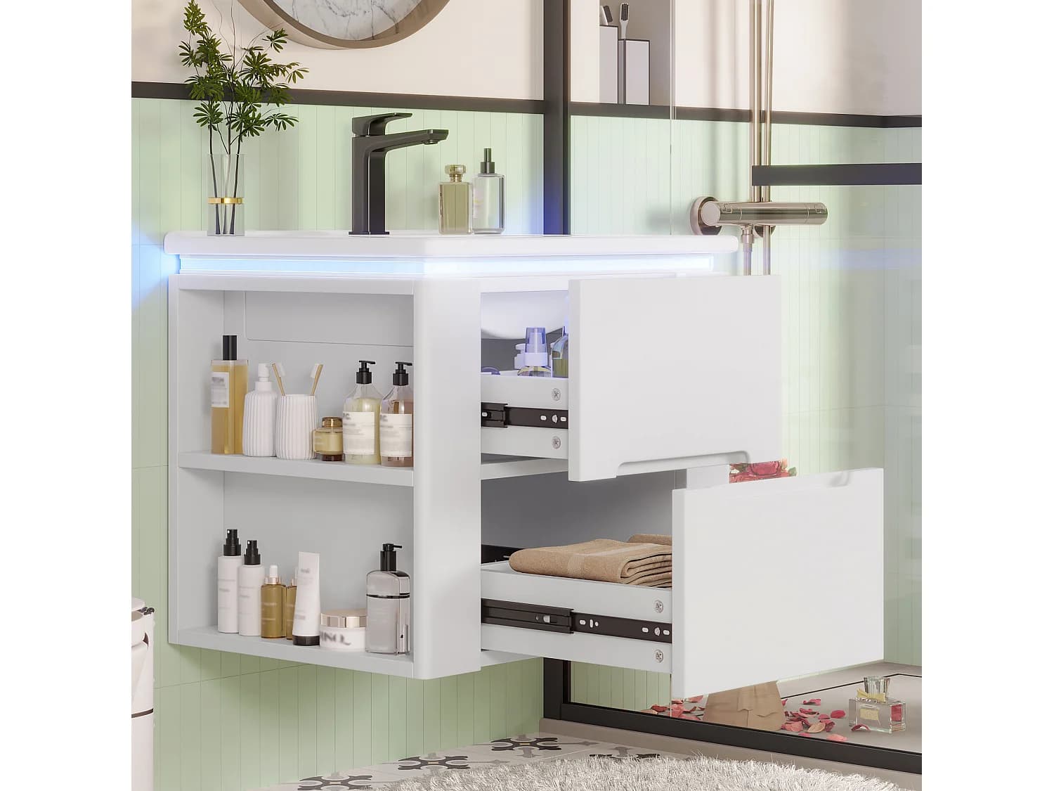 Meuble simple vasque suspendus - 60 x 46 x 48.5 cm - avec Leds + 2 tiroirs - vasque intégrée - Céramique + MDF - blanc (Robinet non inclus)