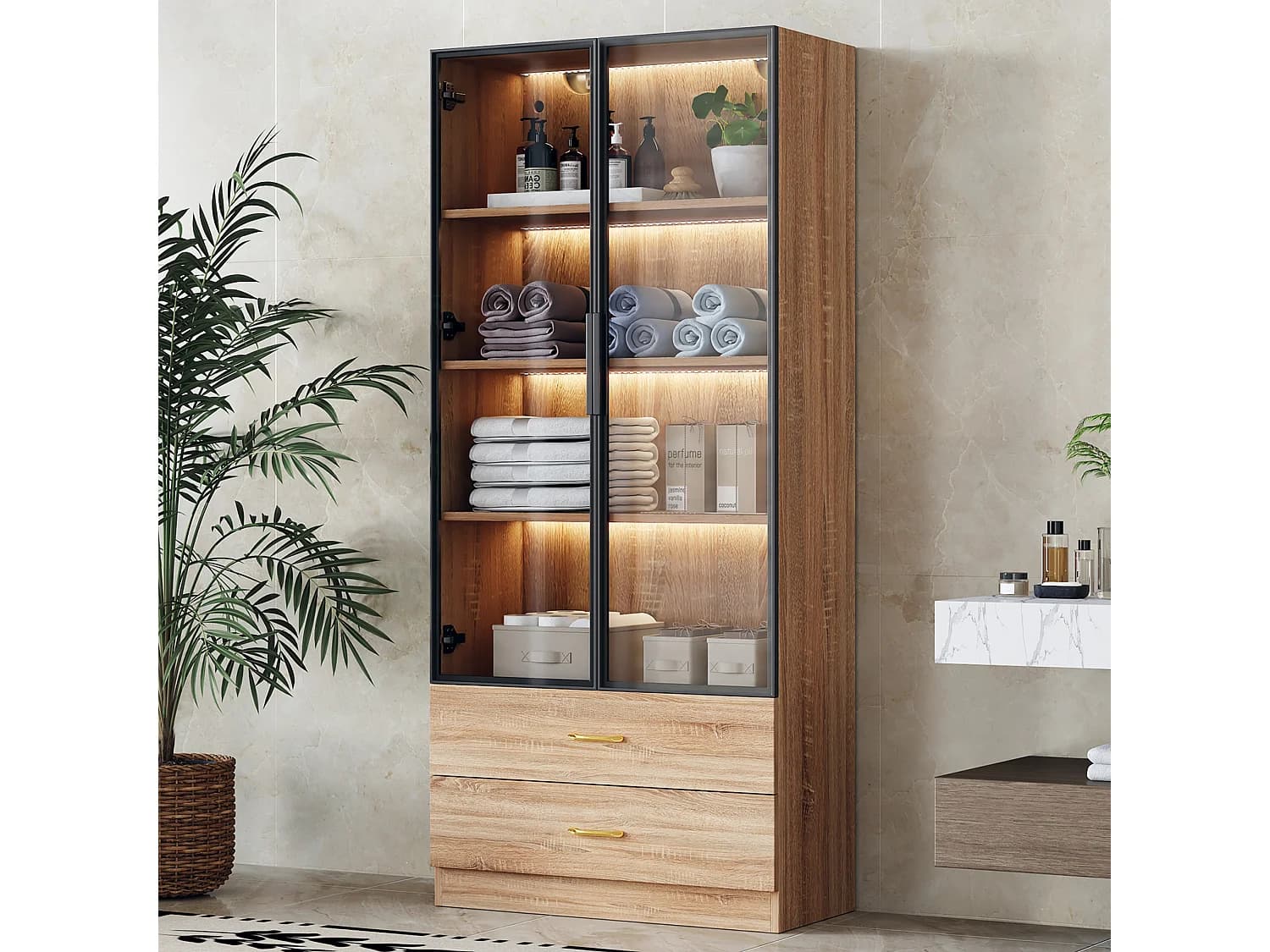 Armoir de salle de bain avec 2 portes en verre et 2 tiroirs, LED inclus, corps naturel clair - 75x34.5x170cm