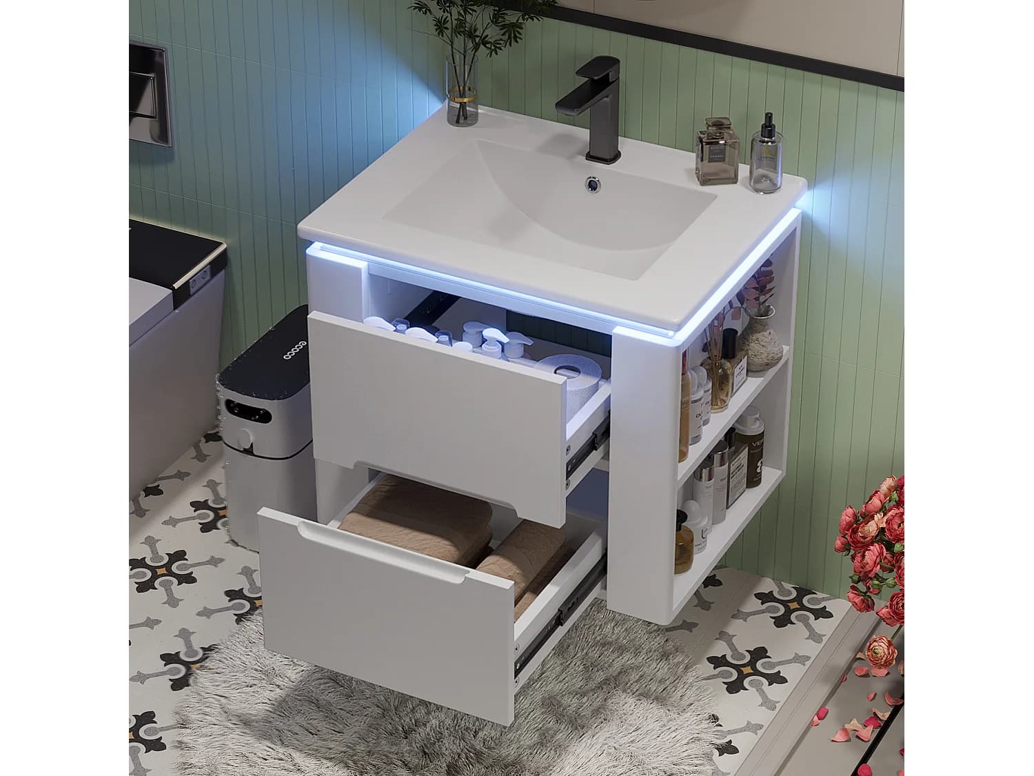 Meuble de salle de bain suspendu, avec lavabo intégré, éclairage LED à capteur radar, MDF laqué, blanc (76x46x48.5 cm)