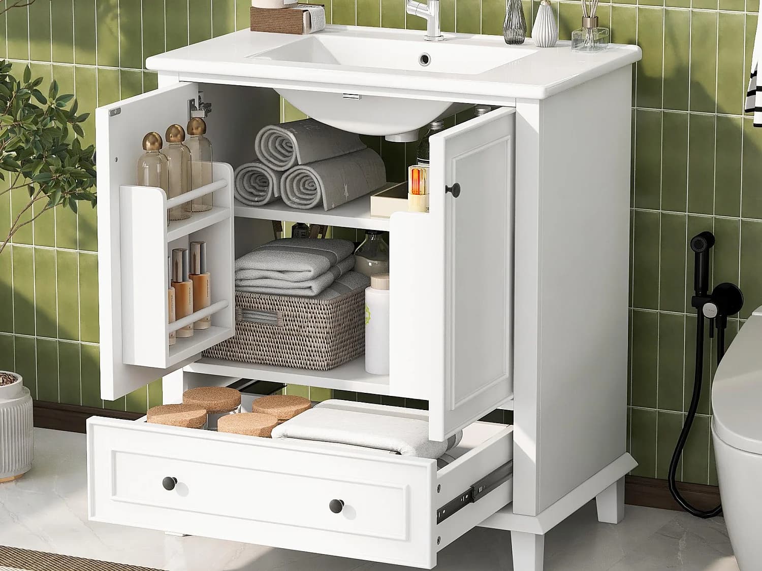 Meuble de salle de bain sur pied - avec une vasque en céramique - 2 portes et 1 tiroir - Blanc(robinet non inclus)