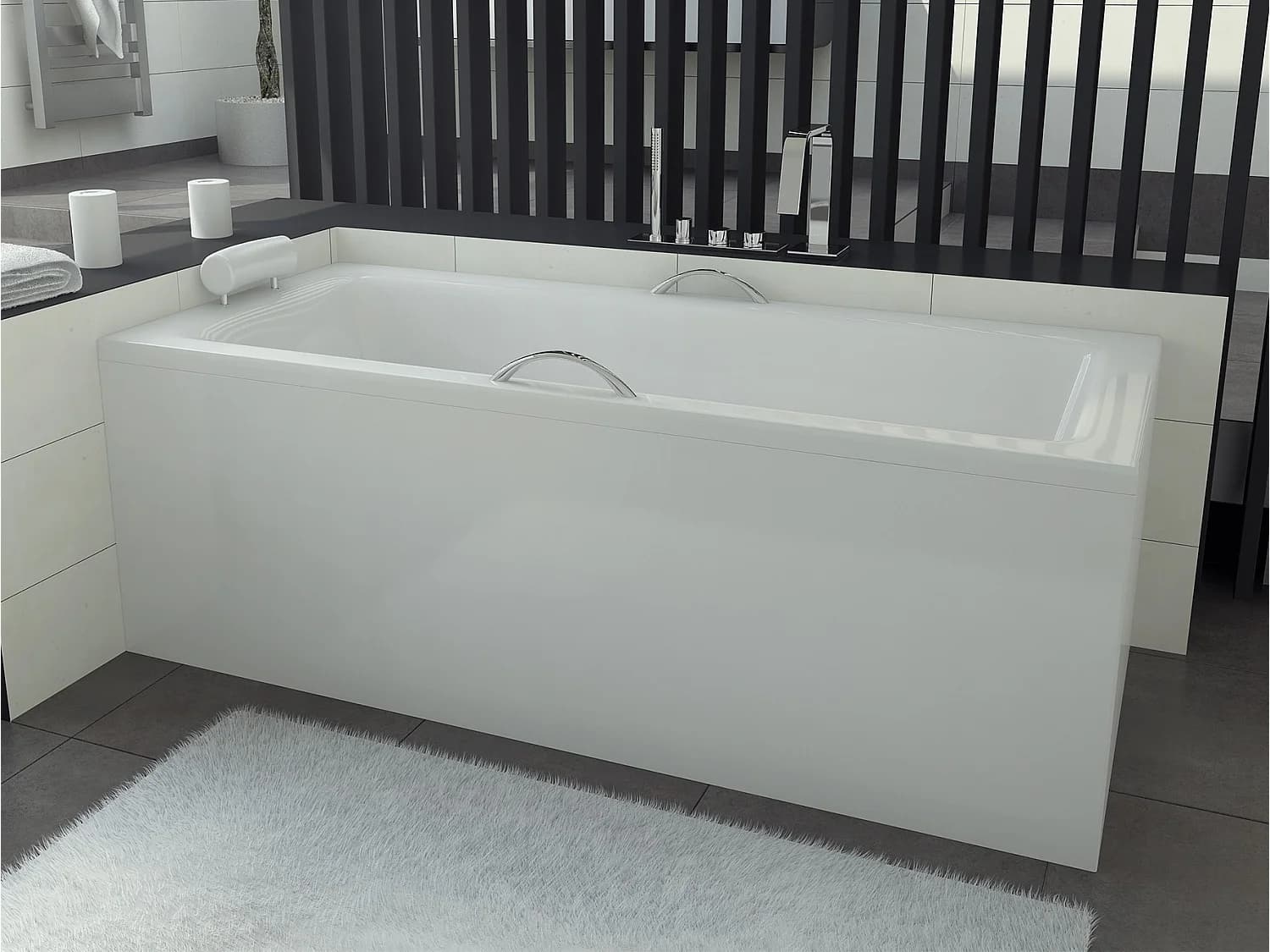 Baignoire rectangulaire 120x70 TALIA acrylique blanc + avec Tablier + Pieds + Vidage à chromé