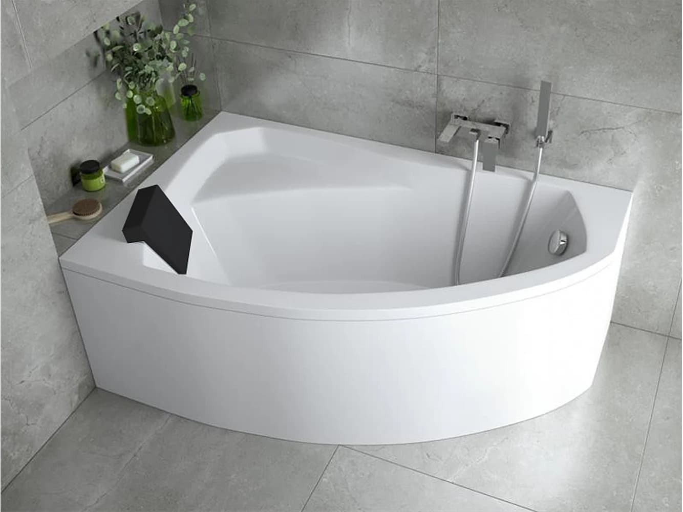 Baignoire asymétrique 130x85 Gauche RIMA acrylique blanc, sans Habillage + Repose Tête + Pieds + Vidage à chromé