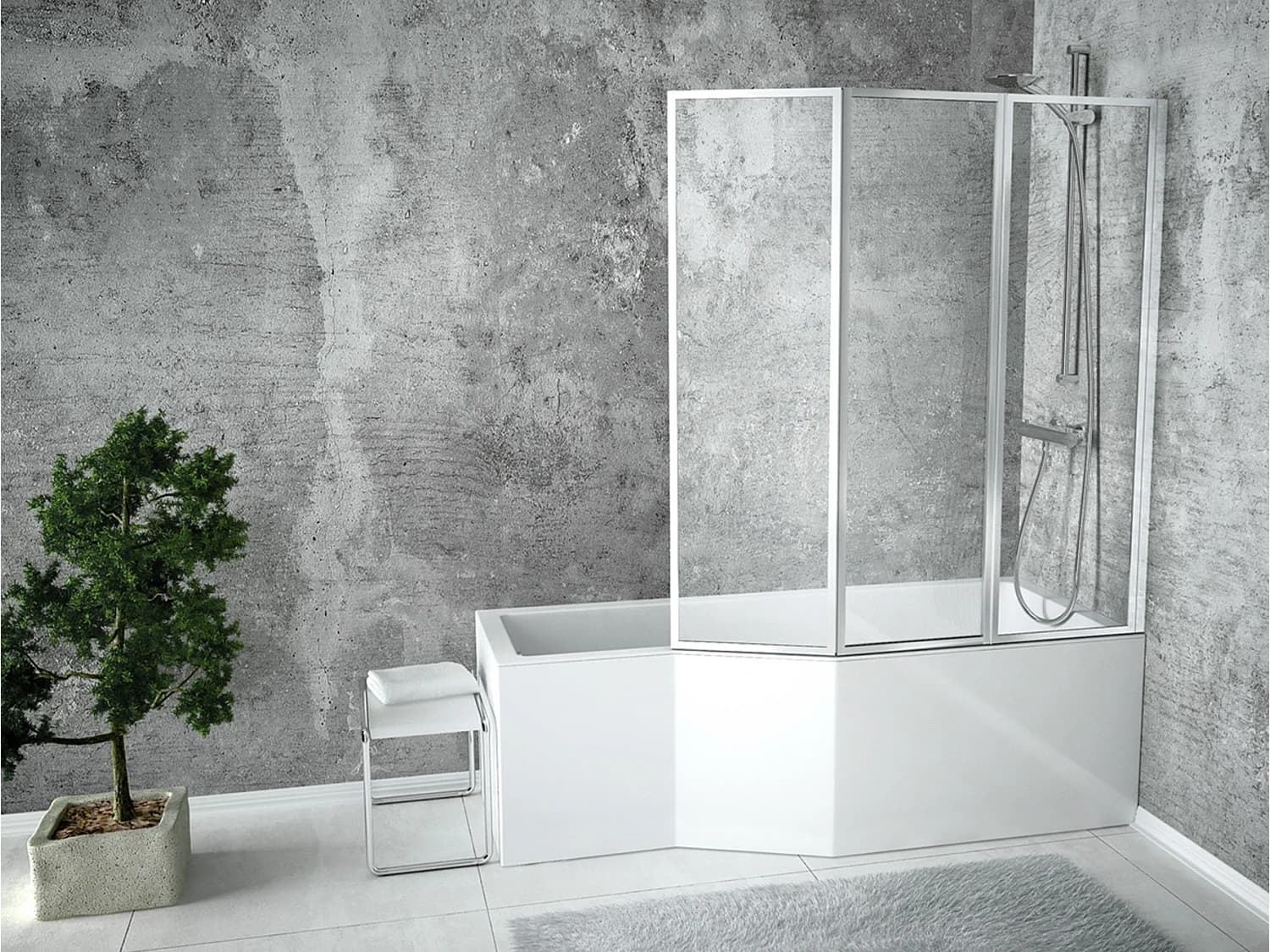 Baignoire asymétrique 170x75 Droite INTEGRA acrylique blanc + avec Tablier + Écran + Pieds + Vidage à chromé
