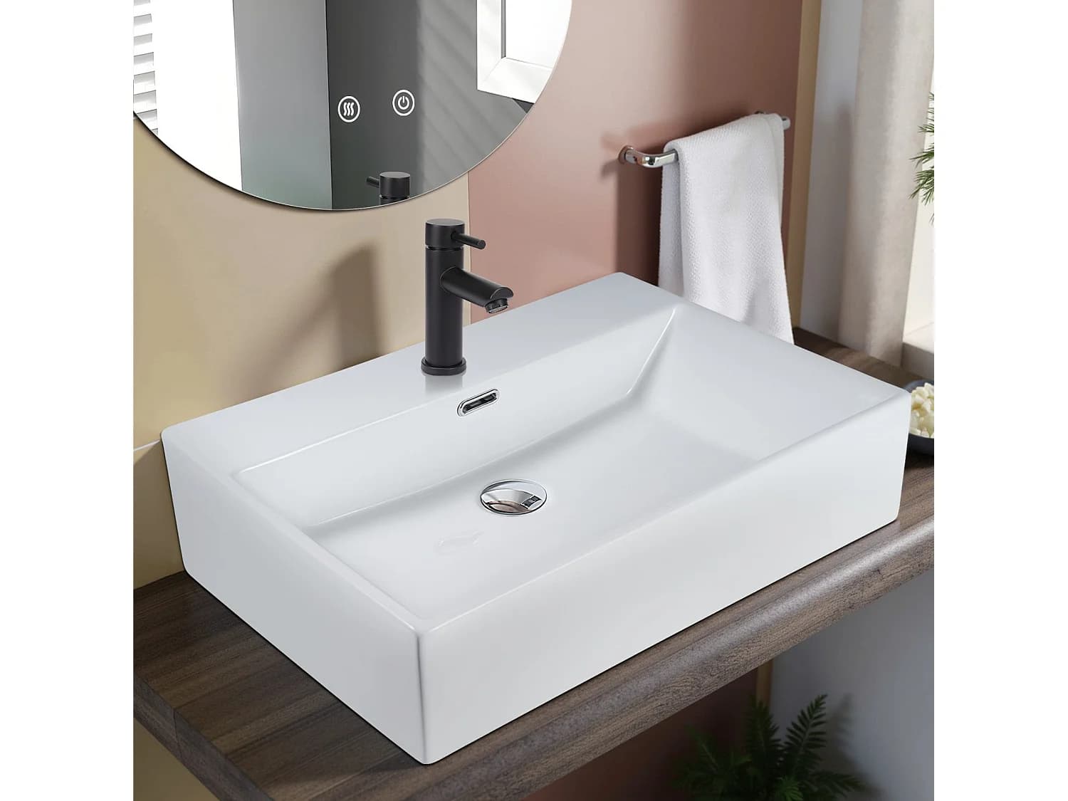 Nettlife vasque à poser, Lavabo de salle de bain céramique Blanc - Vasque carrée 60 × 42 cm, CONCEPTION RAISONNABLE, 30 cm 30 mm 35 mm, Couleur et finition