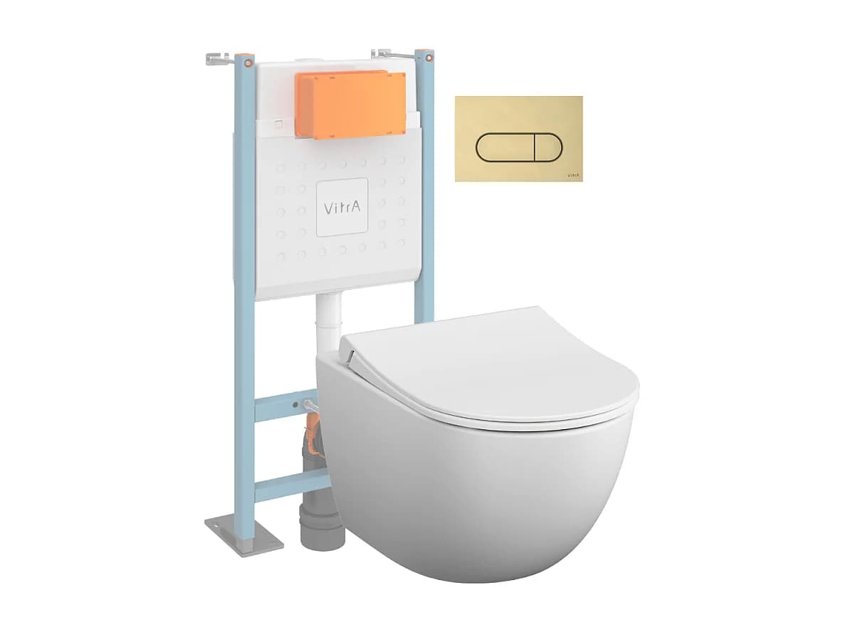 Pack WC suspendu VitrA Sento blanc mat + bâti autoportant V-Fix Core + Plaque Round or brossé