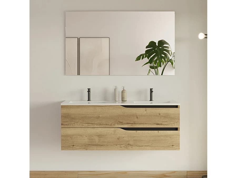 Meuble de salle de bain 120cm avec plan double vasque - 2 tiroirs - madera miel (bois clair) - LUNA