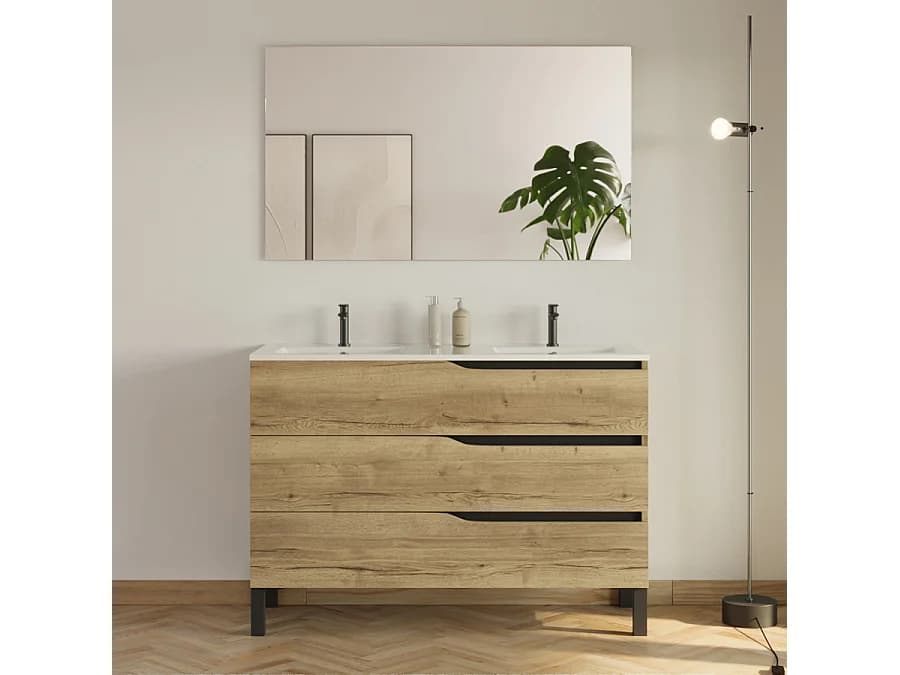 Meuble de salle de bain 120cm avec plan double vasque - 3 tiroirs - madera miel (bois clair) - MATA