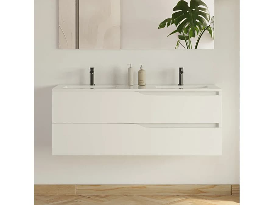 Meuble de salle de bain 120cm avec plan double vasque - 2 tiroirs - sans miroir - blanc - LUNA