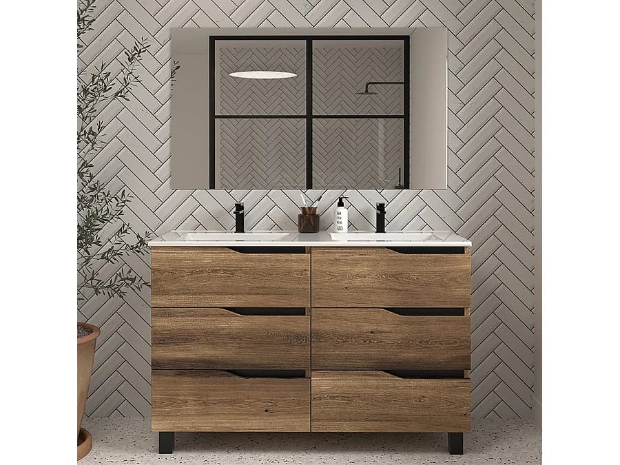Meuble de salle de bain 140cm double vasque - 6 tiroirs - tabaco (bois foncé) - MATA