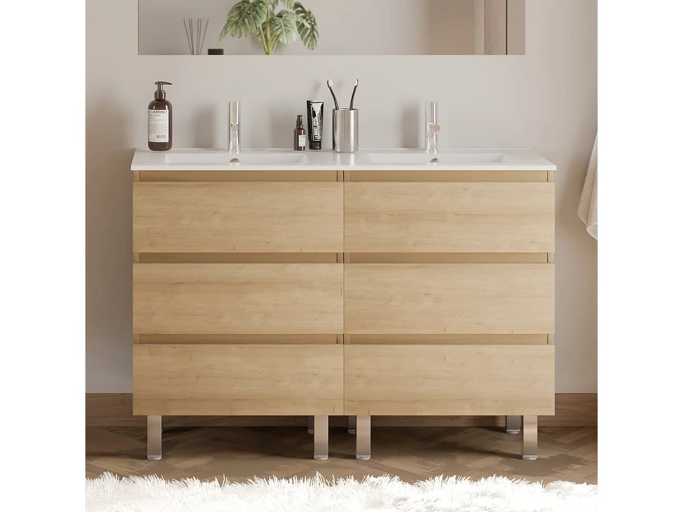 Meuble de salle de bain 120cm double vasque - sans miroir - 6 tiroirs - nebraska (bois clair) - MAYOR