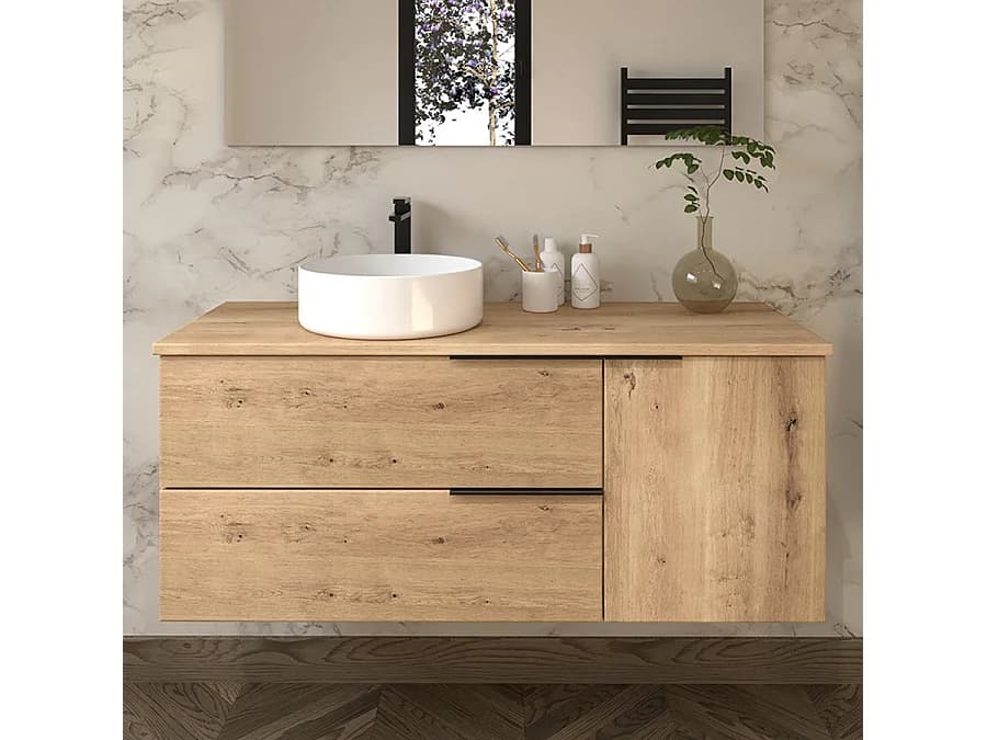 Meuble de salle de bain sans miroir avec vasque à poser ronde KING - Roble (chêne clair) - 120cm