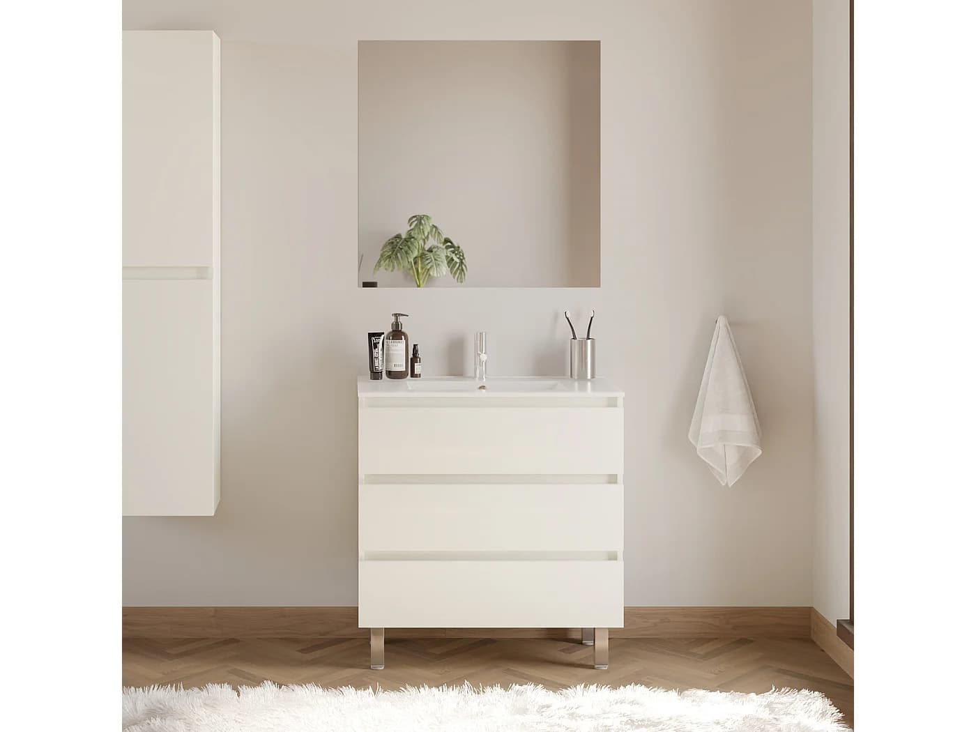 Meuble de salle de bain 80cm simple vasque - 3 tiroirs - blanc - MAYOR