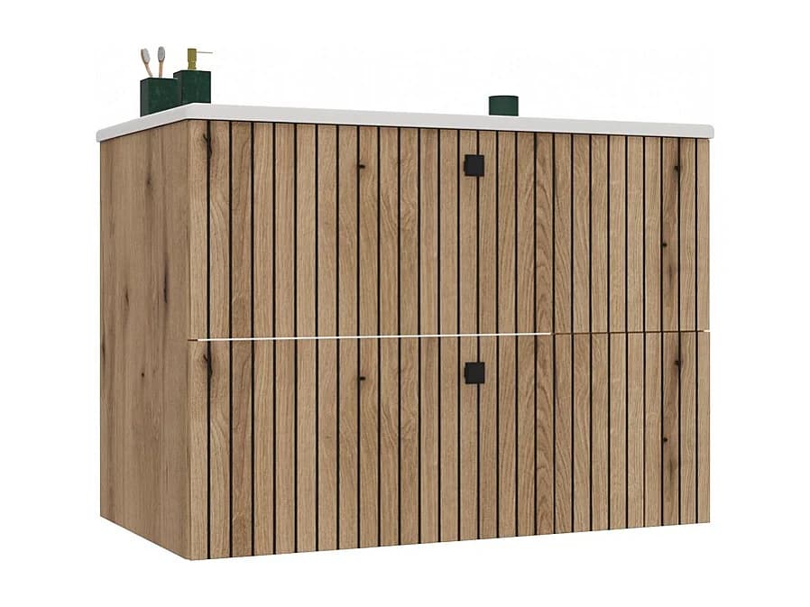TIGO - Meuble sous lavabo 2 tiroirs chêne façade rainurée + lavabo