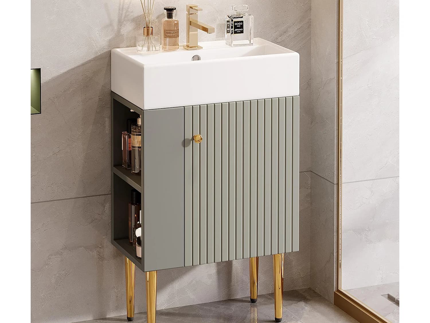 Meuble de salle de bain avec vasque en céramique - avec 1 porte et 2 étagères ouvertes - 4 pieds en métal - Gris(robinet non inclus)