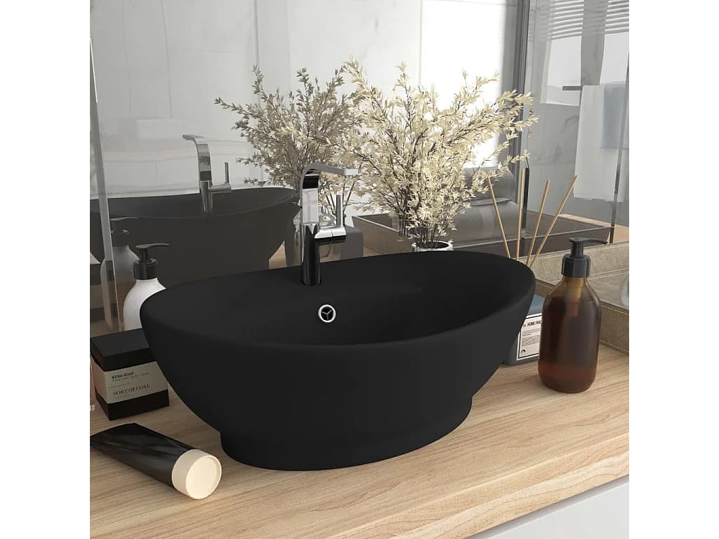 Lavabo | Vasque à poser | Bac à laver ovale de luxe à trop-plein Noir mat 58,5x39 cm Céramique