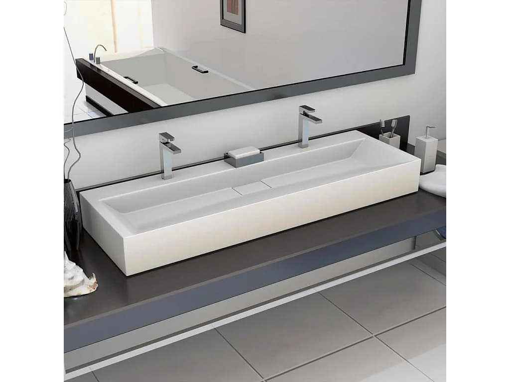 Lavabo salle de bain-Vasque à poser 120x46x11 cm Fonte minérale/marbre Blanc