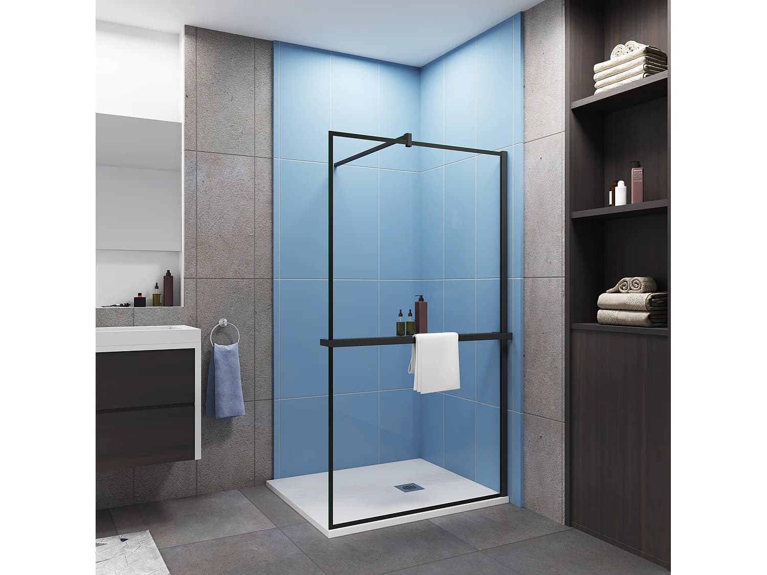 Paroi de douche à l'italienne Avec Étagère de Douche 80cm en alu noir - 80x200cm - 8mm verre anticalcaire + barre de fixation noir 90cm