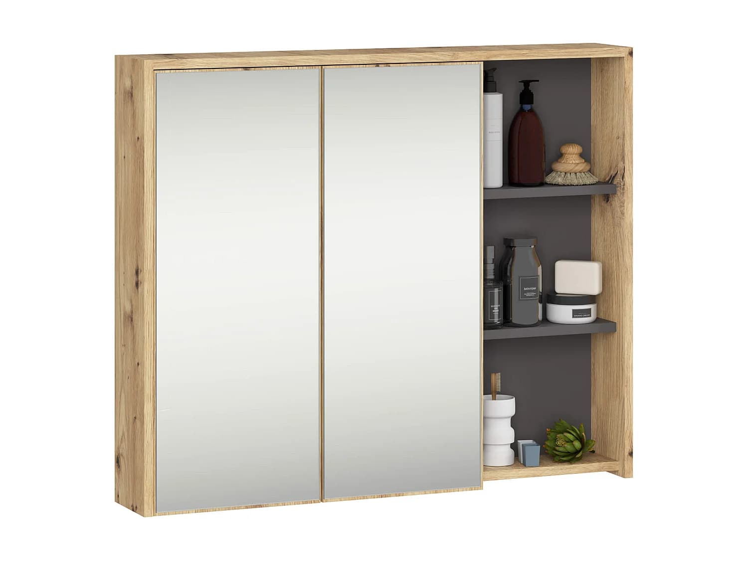 Armoire salle de bains VAMI suspendu avec miroir Chêne Artisan et Gris Graphite 90 cm 2 portes 6 étagères 90x15x75 cm
