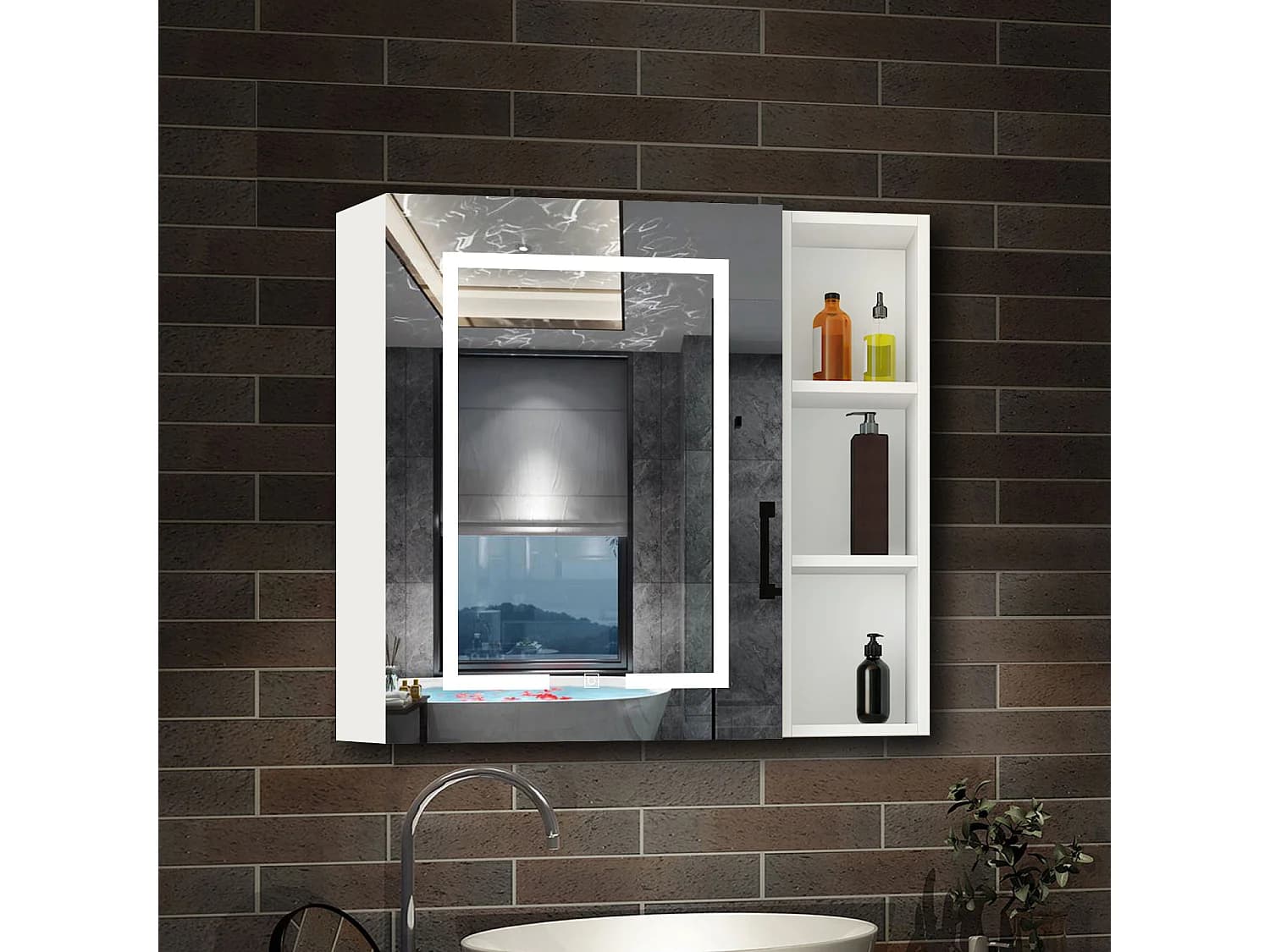 AICA Armoire murale de salle de bain LED, avec Prise Rasoir, 70x40cm, Anti-Buée + Tricolore, avec armoire latérale, Blanc