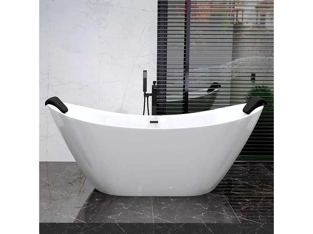 Baignoire à poser îlot IVAR 180x80 acrylique blanc + appuie-tête KODI + Vidage à chromé
