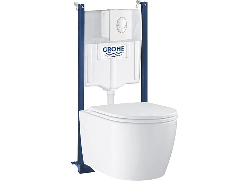 Pack WC suspendu sans bride GROHE Start Round Ceramic + abattant frein de chute + Bâti-support mur + Plaque blanc alpin