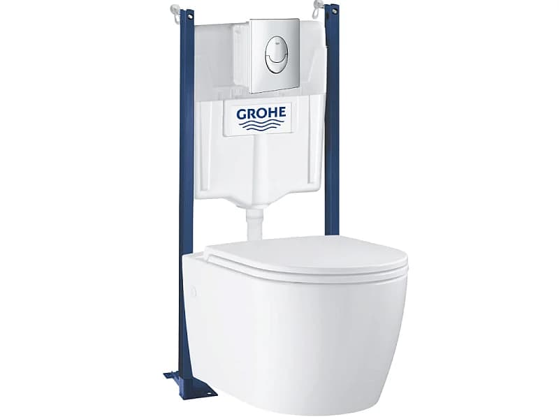 Pack WC suspendu sans bride GROHE Start Round Ceramic + abattant frein de chute + Bâti-support mur + Plaque chromé