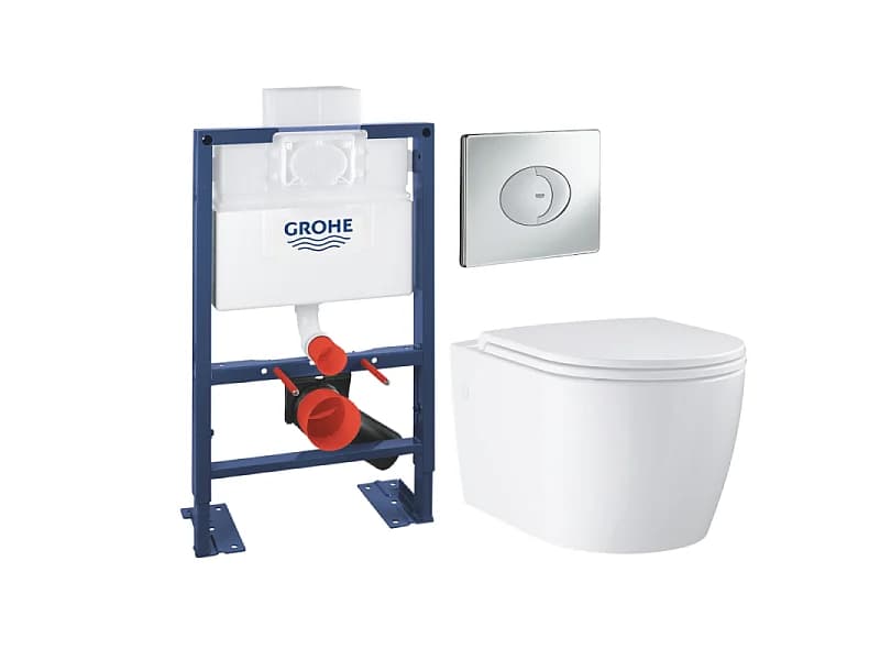 Pack WC suspendu sans bride GROHE Start Round Ceramic + Bati support hauteur réduite universel mur-sol + Plaque carré chromé