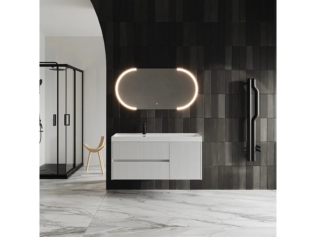 Meuble De Salle De Bain Blanc Brillant Cannelé 120Cm Miroir À Led | Cortina