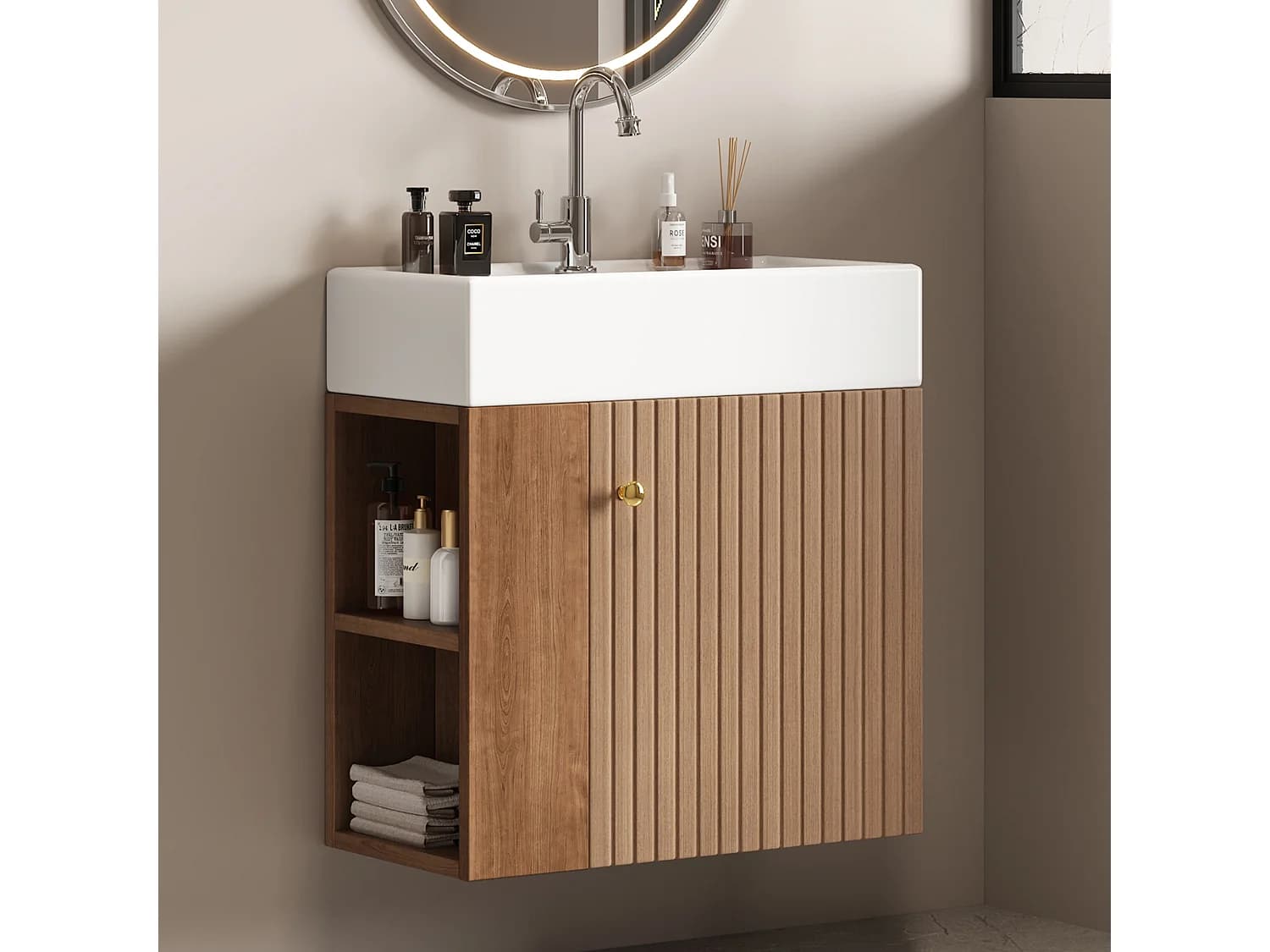 Meuble salle de bain suspendu avec vasque - 55 x 31 x 66.5 cm - avec 1 porte et étagère - MDF - marron