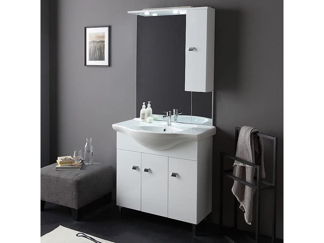 Meuble De Salle De Bains De 85 Cm À Poser Au Sol, Blanc Brillant | Smeraldo