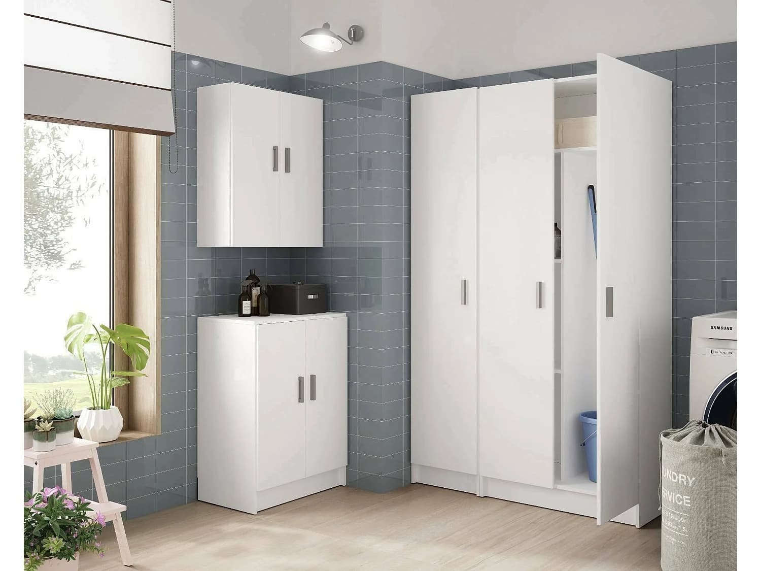 Armoire murale Dcasal, Armoire auxiliaire avec 2 portes, Armoire polyvalente pour salle de bain ou buanderie, 59x27h60 cm, Blanc