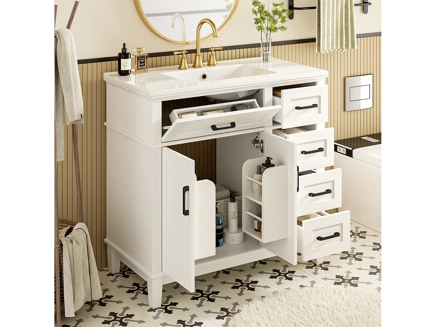 Meuble simple vasque en céramique posé au sol - 90 x 46 x 87 cm - avec 4 tiroirs + 2 portes - Céramique + MDF - blanc