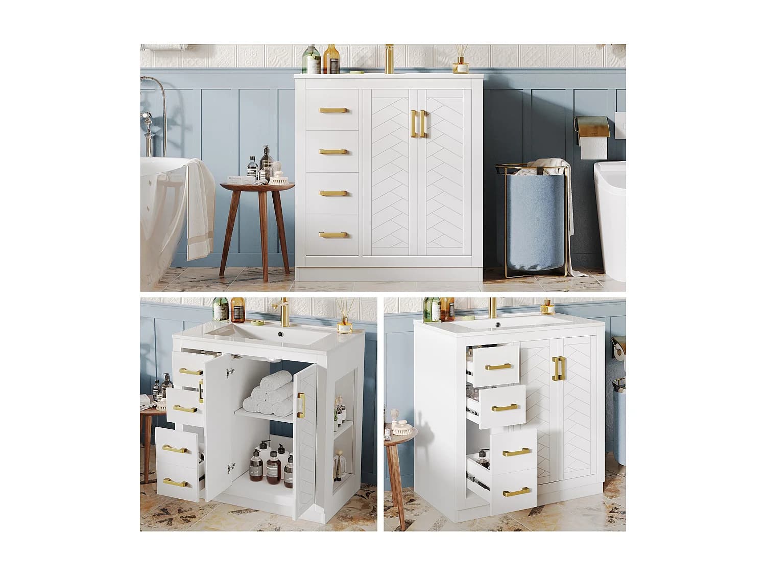 Meuble vasque en céramique de salle de bain - 76.5 x 46.5 x 84.5 cm - avec 3 tiroirs + étagère latérale + 2 portes - MDF - blanc