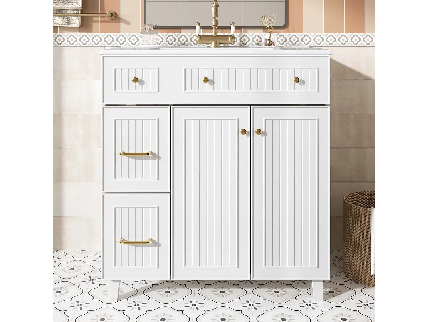 Meuble de salle de bain avec vasque en céramique , 2 tiroiirs et 2 portes - Blanc
