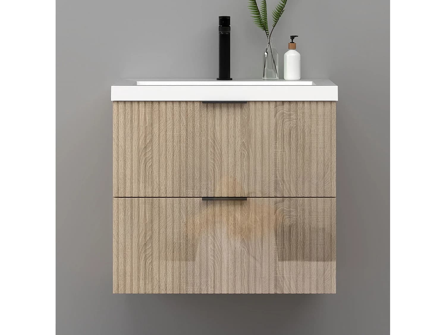 Meuble de salle de bain suspendu Strié Brillant 60cm avec simple lavabo + 2 tiroirs, Chêne