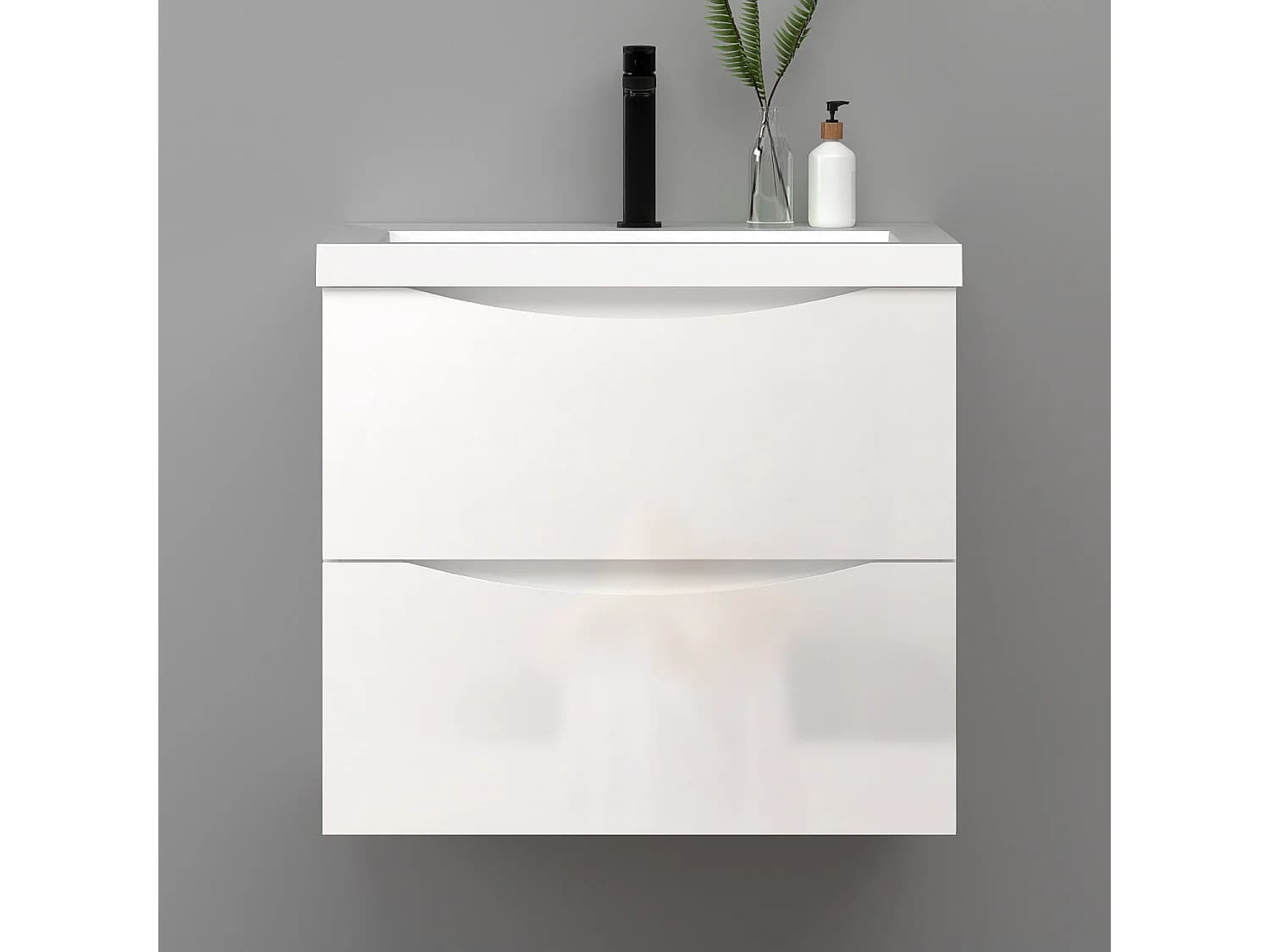 Meuble de salle de bain suspendu Brillant 60cm avec simple lavabo + 2 tiroirs, Blanc