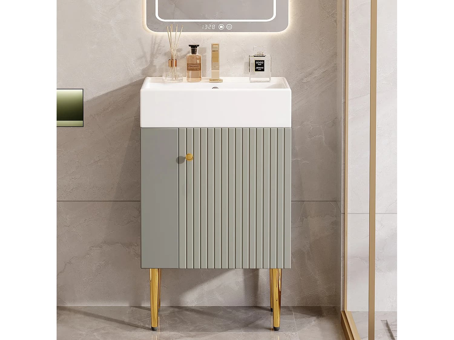 Meuble vasque moderne 55 x 31 x 91,5 cm avec rangement sous vasque, céramique blanc + MDF gris clair