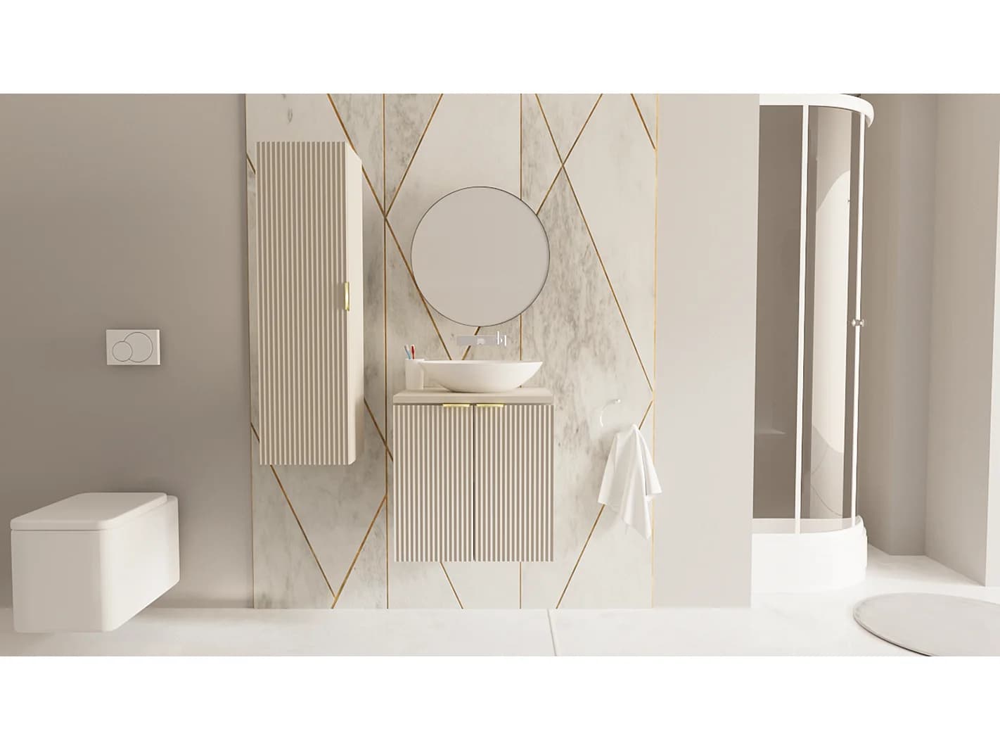 Meuble sous lavabo avec plateau 60 cm, 2 portes rainurées, façades cachemire, plateau noyer