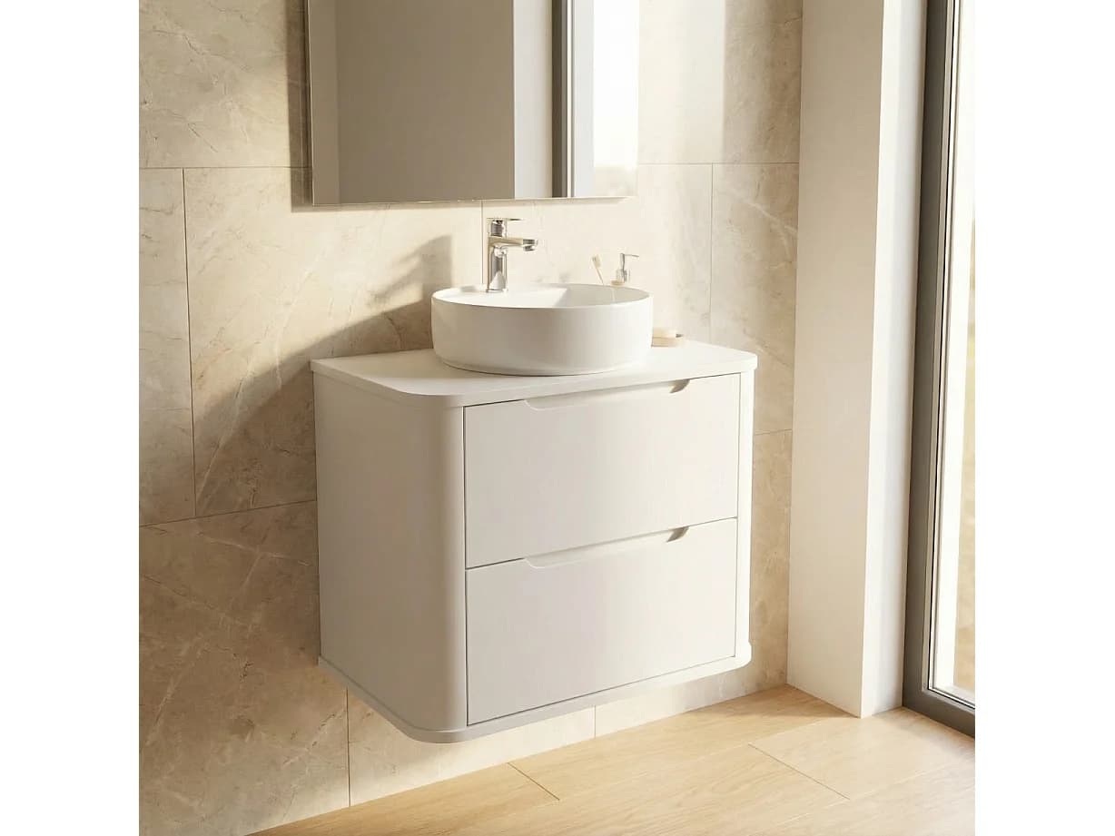 Meuble sous lavabo blanc avec plan de travail 60 cm, côtés arrondis et plan de travail