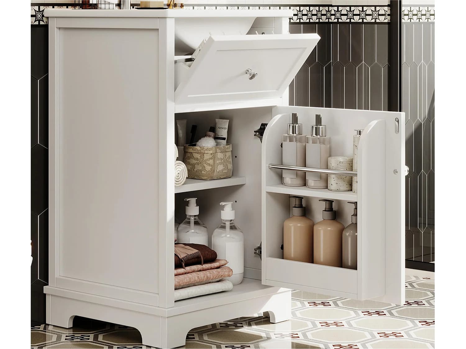 Meuble de salle de bain sur pied - Vasque intégrée - Porte abattante et étagères réglables - MDF - Blanc