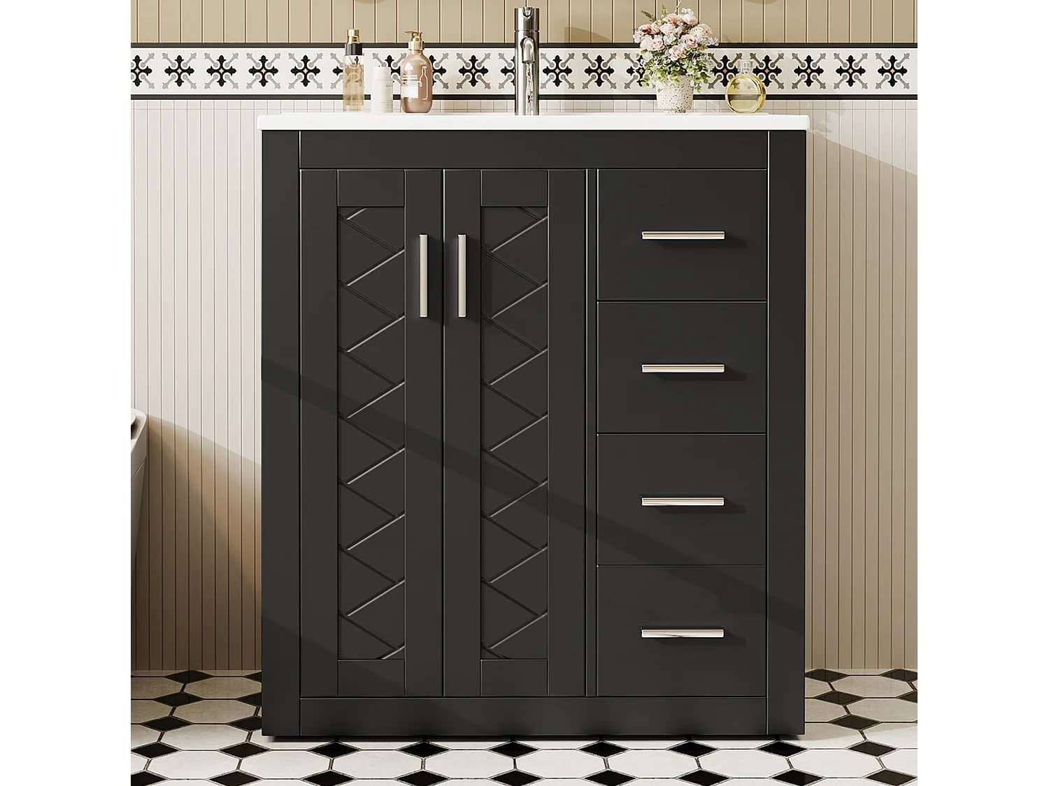 Meuble de salle de bain sur pied - Avec vasque en céramique + 2 portes + 3 tiroir - Noir