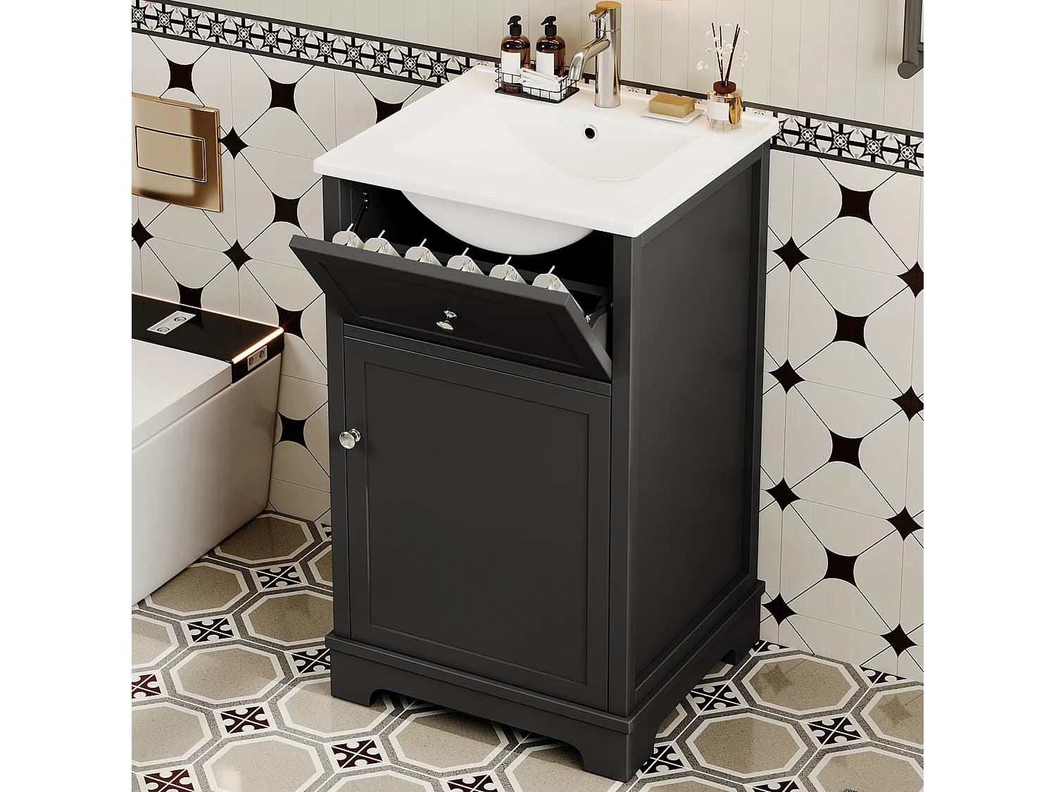 Meuble de salle de bain sur pied - Avec vasque en céramique + porte + tiroir - Noir