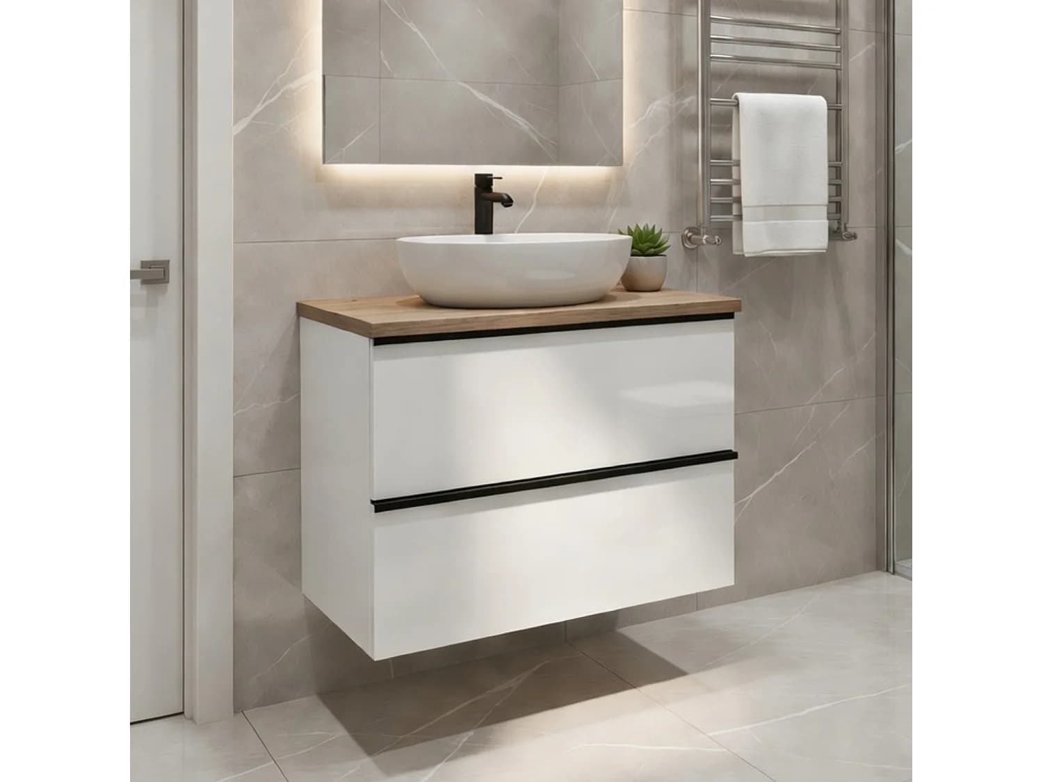 Meuble de salle de bain suspendu 80 cm - blanc brillant - chêne artisan - 2 tiroirs - ONE