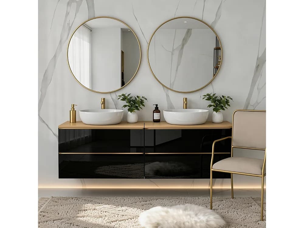 Meuble de salle de bain suspendu ONE 120 cm - 4 tiroirs - noir brillant - chêne artisan - ONE