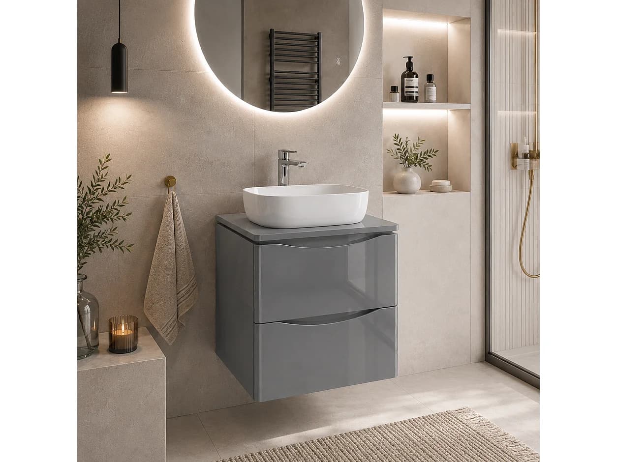 Meuble sous lavabo suspendu 2 tiroirs – gris brillant – AUSTIN – 59 x 52 x 45 cm