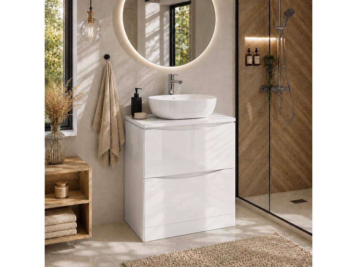 Meuble sous lavabo 2 tiroirs – blanc brillant – AUSTIN – 59 x 82 x 45 cm – fermeture douce