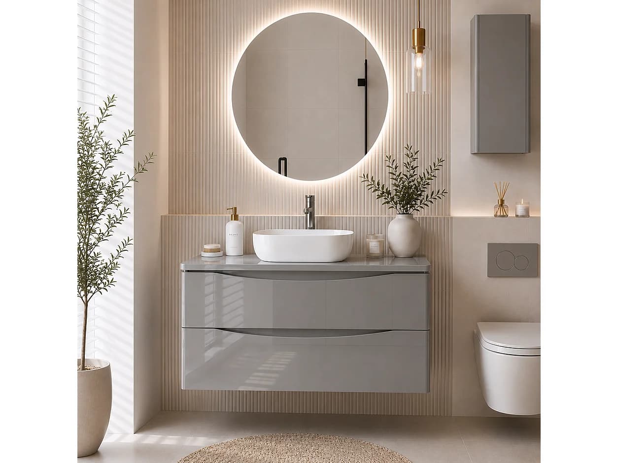 Meuble sous lavabo suspendu 2 tiroirs – gris brillant – AUSTIN – 104 x 50 x 46 cm – fermeture douce