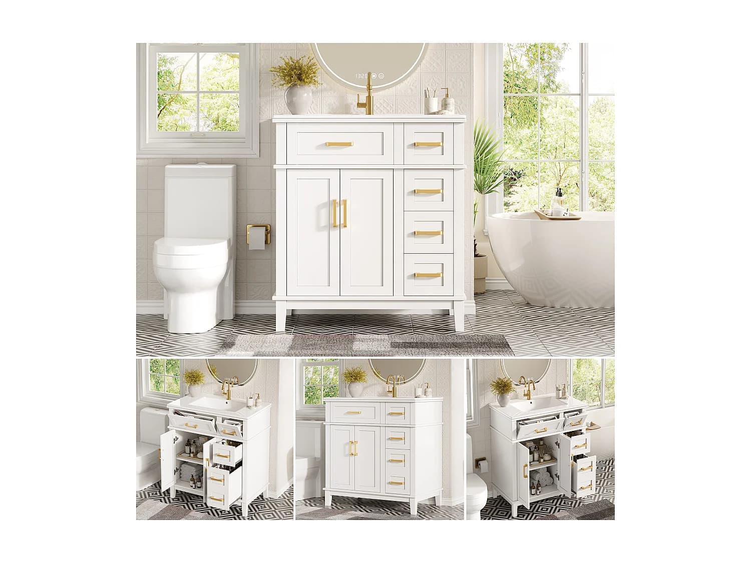 Meuble de salle de bain avec vasque en céramique - 76 x 46.5 x 86 cm - avec tiroirs + portes - MDF + métal - blanc